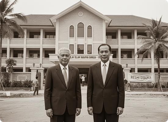 Dua pendiri di depan gedung sekolah pertama Al Azhar Kelapa Gading
